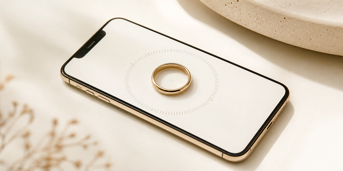 Phone screen showing a digital ring sizing guide with a gold ring